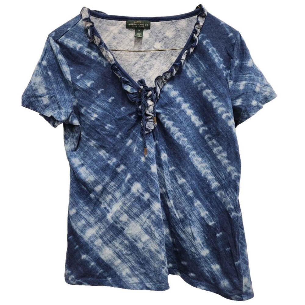 Lauren Ralph‎ Lauren Womens Top Medium Navy Tie Dye Lace Up Ruffle Preppy Casual